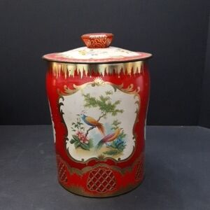 Vintage Red/Gold Decorative Tin with Bird Motif.